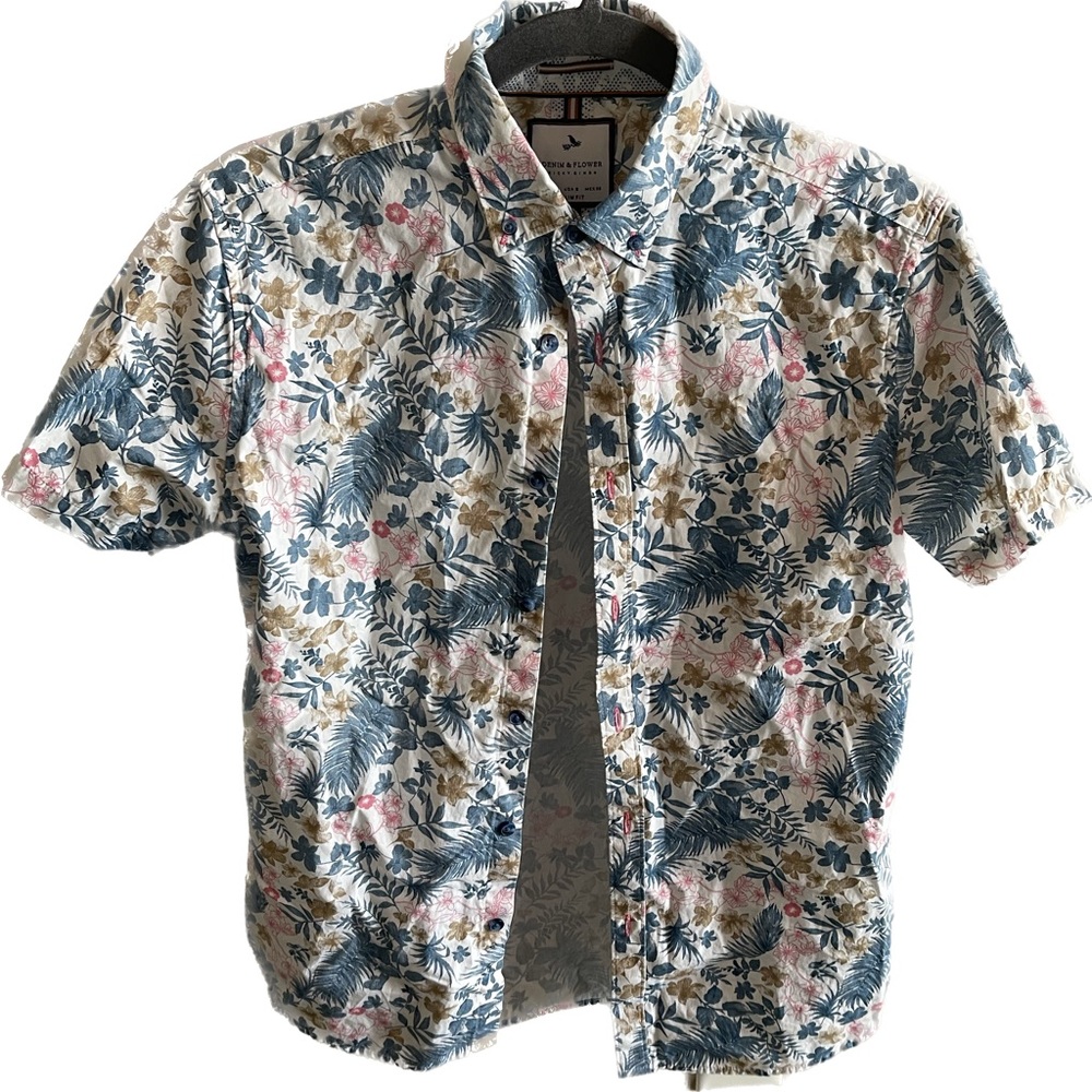 Men’s Denim & Flower Short Sleeve Button Down Shirt, Small (Slim Fit)